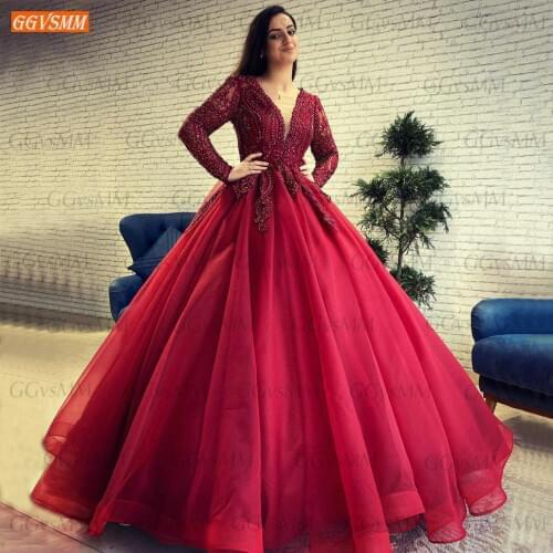 Fuchsia Prom Dresses Long Sleeves Vestidos De Gala 2021 Lace Up Beading Ball Gown Women Dress Party Organza Vestidos De Fiesta
