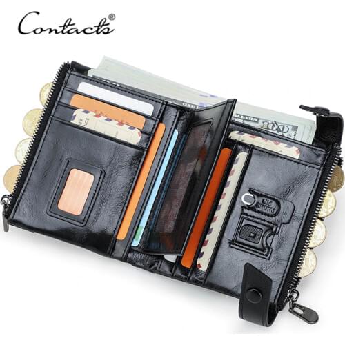 CONTACTS 100% Cow Leather Wallet Men Bifold Card Holder Wallets RFID Blocking Hasp&Zipper Coin Purse for Male Carteira Quality