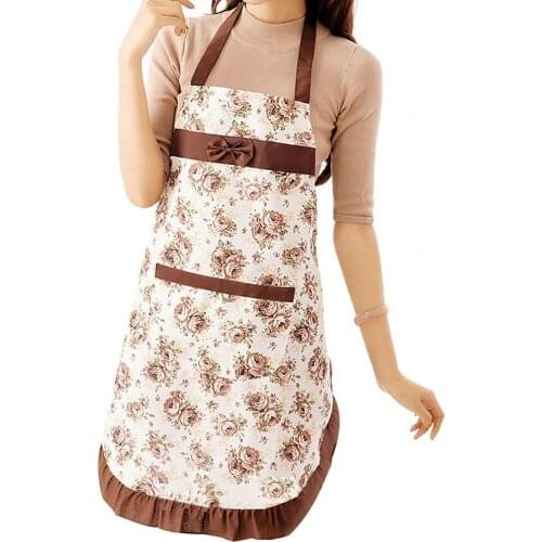 Kitchen Apron Bowknot Floral Print Polyester Restaurant Cooking Pocket Workwear for Home