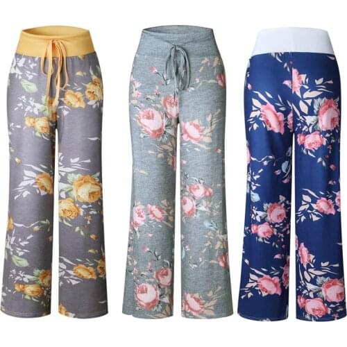 2020 Summer Drawstring Casual Long Pants Women Home Loose Pant Floral Print Wide Leg Trousers Sweatpants Workout Wear Plus Size