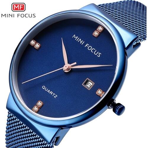 MINI FOCUS Minimalist Fashion Mens Watche Top Brand Luxury Quartz Clock Ultra Thin Mesh Strap Blue Dial Calendar Wristwatch 2019