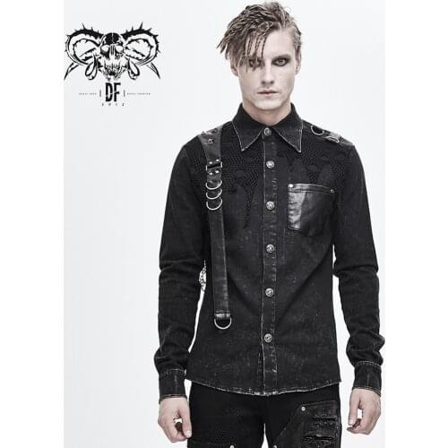 Devil Fashion Mens Punk Style Daily Casual Shirt Single-breasted Long Sleeve Denim Top Shirts