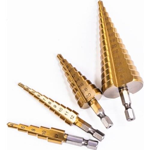 1PCS Step Drill Bit Set Cone Hole Cutter Taper Metric Titanium Coated Flute Pagoda Metal Wood Hex Conical Core Titanium Drill