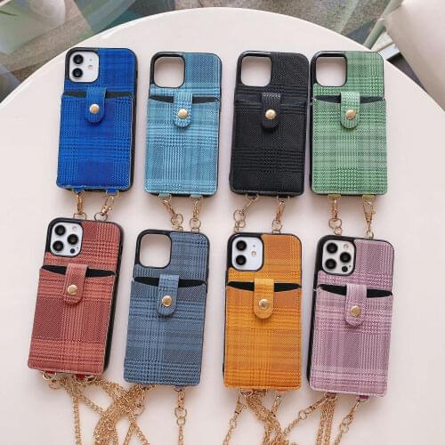 Crossbody Lanyard Necklace chain Card slot for iphone 12 Pro Max 12 MiNi 11 Pro Max XR X XS Max 7 8 plus Plaid Cloth Back Cover