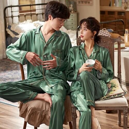 Summer Lovers Women Men Striped Satin Long Sleeve Pants Pajamas Set 2PCS Plus Size Pyjamas Suit Couple Sleepwear Nightwear
