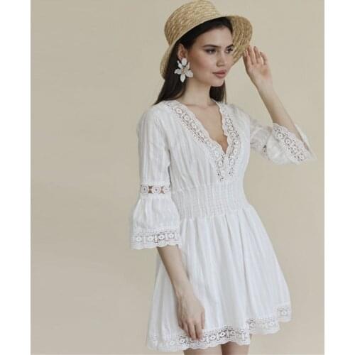 MUICHES Sexy Lace Patchwork White Mini Dress Woman Deep V-Neck Elastic Waist Flare Sleeve Beach Style A-Line Dress 2021 New