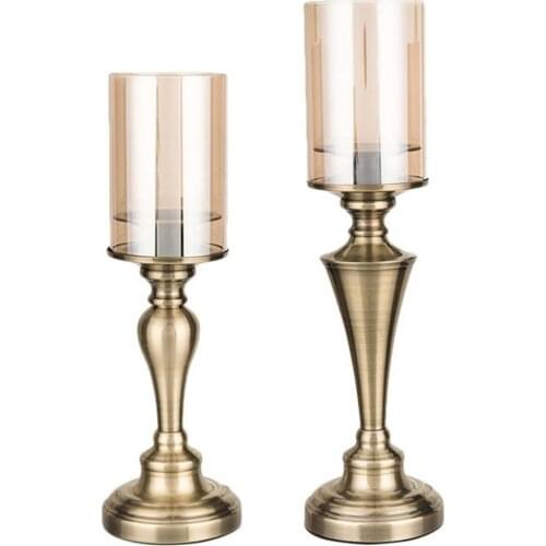 Glass Pillar Candle Holder Metal Base Desktop Candlestick Home Decorations