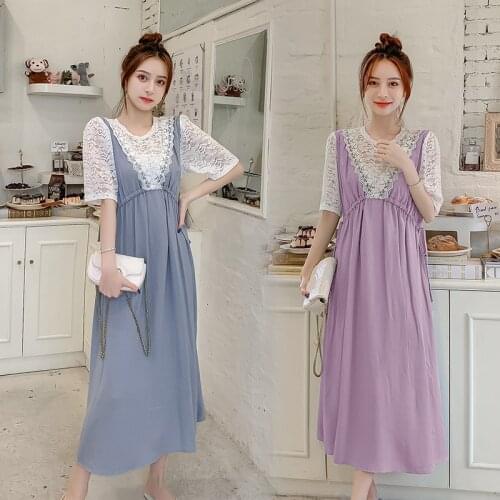 Loose Adjustable Sashes Lace Patchwork Maternity Dresses Maternity Clothings Pregnant Women Pregnancy Clothes 2021 Summer New