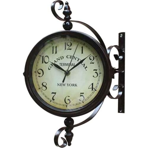 Brown Vintage Double Sided Metal Iron Frame Glass Wall Clock Station Wall Clock Wall Hanging Clocks Station Garden Decor