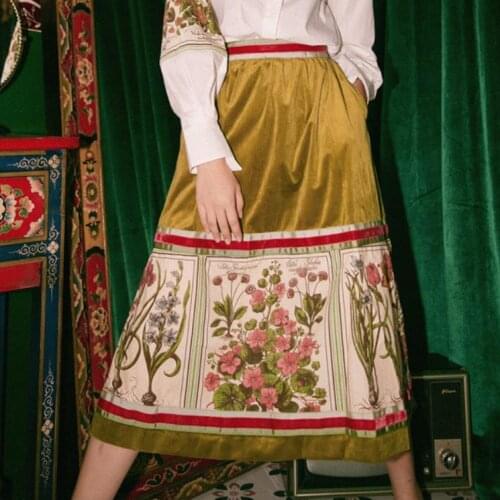 Velvet Printed Skirts Womens High Waist Long Green Midi Skirt A Line Designer Skirt Floral Print High Street Skirt