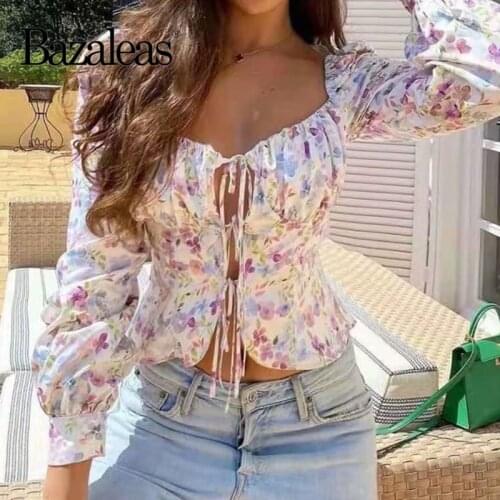 2021 Ropa Mujer Fashion Blouse Women Floral Print Center Bandage Tie Girl Blouse Chic Long Sleeve