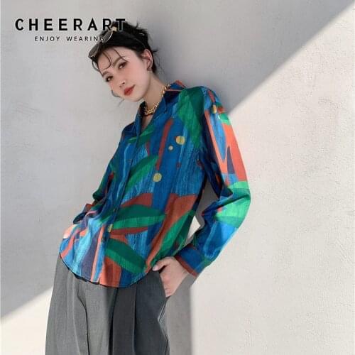 CHEERART Color Block Aesthetic Shirt Long Sleeve Tops And Blouses Women Lapel Colorfull Print Spring 2021 Fashion Clothing