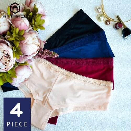 ATTRACO Womens Hipsters Lace Underwear String Panties solid hollow out Briefs Cotton soft skin-friendly comfortable 4 Pack