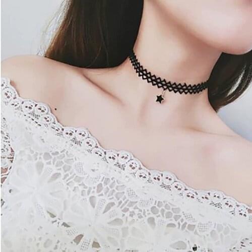 Gothic Black Lace Stars Choker Elegant Crystal Clavicle Chain Accessories Flower Collar Fringed Droplets Short Necklaces