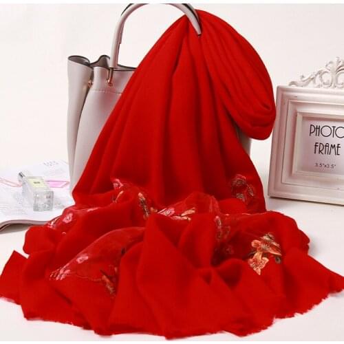 100% Wool Embroidery Scarves Women Wedding Shawls and Wraps Bride Bridesmaid Pashmina Autumn Winter Scarves Echarpe Femme Hiver