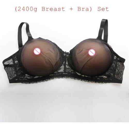 2400g/pair Round Beige Super Large Silicone Breast+Sexy Black Transparent Lace Pocket Bra) Fake Boobs Silicone With Bra Set