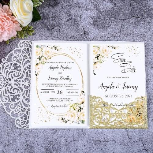 50pcs Gold Color Elegant Flower Laser Cut Wedding Cards Glitter Shining Invitation Pocket for Wedding with Envelope