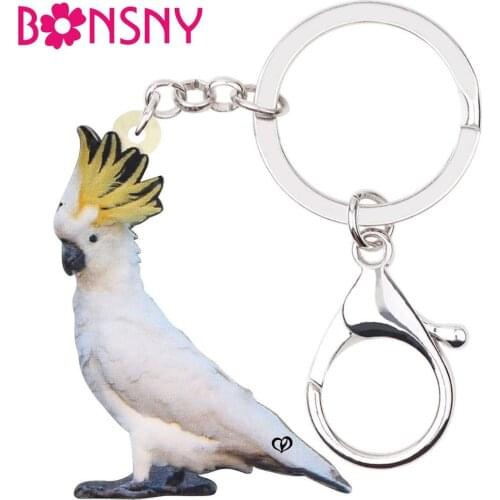 Bonsny Acrylic Sulphur-crested Cockatoo Keychain Key Rings Fashion Bird Jewelry For Women Girls Lovers Charms Lots Gift