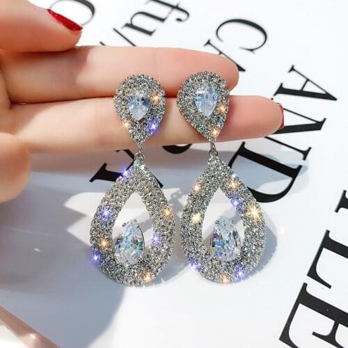 Shiny Rhinestone Geometric Drop Earrings for Women Bijoux Silver Color Water Drop Crystal Dangle Earring Wedding Jewelry