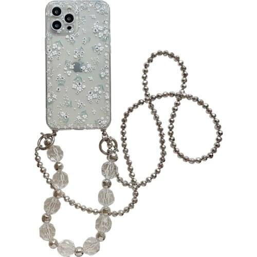 3D Diamond Crystal White Cherry Blossom Phone Case for iPhone 11 12 Pro Max XR X XS 8 7 Plus Transparent Bead Lanyard Back Cover