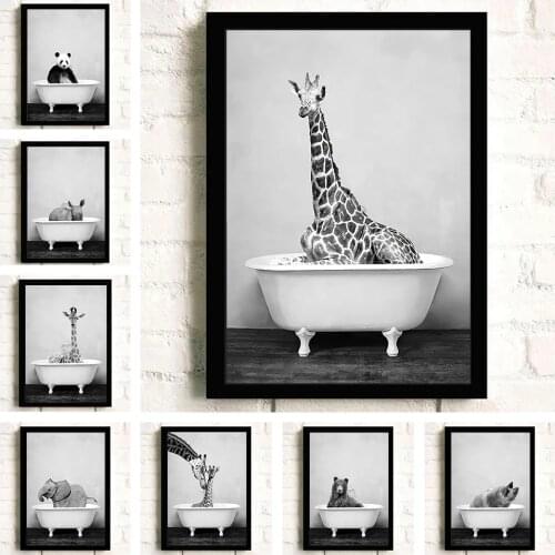 Black White Wall Art Bathroom Bathtub Animals Poster Canvas Paintings Elephant Lion Panda Giraffe Print Picture For Kids Room