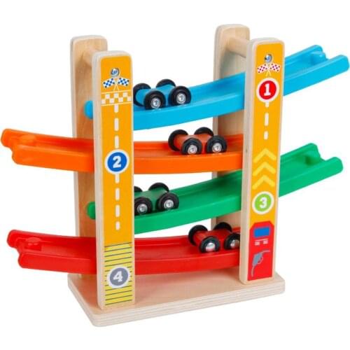Wooden 4-layer Ramp Slide Race Track Baby Hand Eyes Practice Education Toy with 4 Sliding Cars Kids Gift
