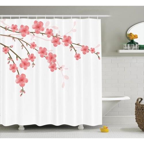 House Shower Curtain Cherry Blossom April Springtime Romantic Feminine Illustration Artwork in Soft Colors Bathroom Curtains