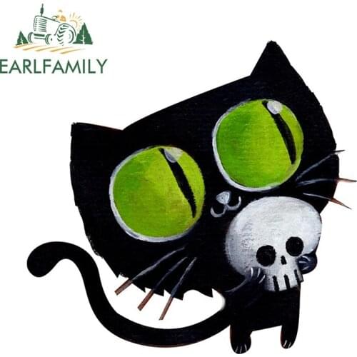 EARLFAMILY 13cm x 12.7cm for Black Halloween Cat with Skull Car Sticker Funny JDM Stickers 3D Personality Scratch-proof Decal
