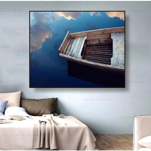 Blue Sky White Clouds Lake Water Reflection Wooden Boat Landscape Modern Wall Painting Canvas Print Frameless Decoration Poster