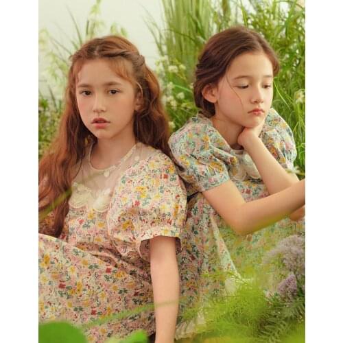 Korean Sisters Summer Dresses Floral Print Elegant Retro Cotton Clothes 2 3 4 5 6 8 10 12 14 years