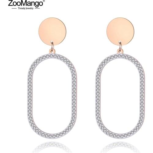 ZooMango Trendy Stainless Steel Hollow Oval Earrings Jewelry Rose Gold Black/White Clay Crytal Earrings For Women Girls ZE19108