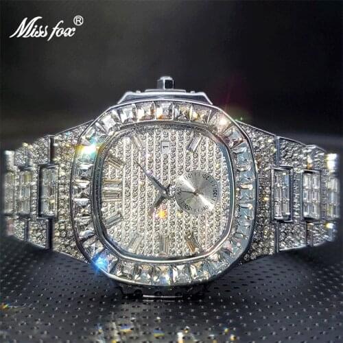 Mens Diamond Watch with Double Dial MISSFOX Classic Square Ice Out Large Men Wristwatch Waterproof Wholesale Froze Bijoux Homme