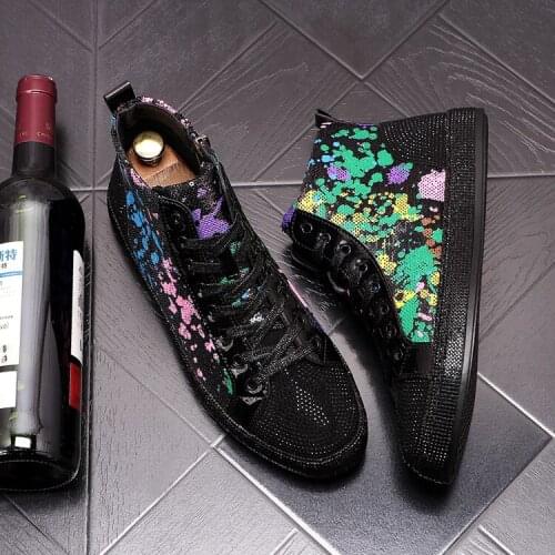 2021 New Mens Luxury Rhinestone Graffiti Causal Flats Platform Shoes High Tops Punk Loafers Walking Sneakers Zapatillas Hombre