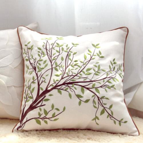 Embroidery Green Leaf Tree Branch Cotton Linen Pillowcase Sofa Decorative Pillows Farmhouse Home Decor Pillow Cover Natural