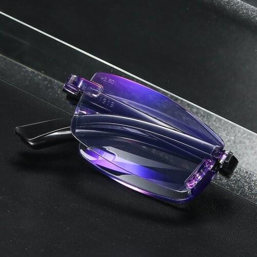 New folding diamond-cut Frontier Blue reading glasses for men with frameless light TR90 glasses will carry a case of glasses