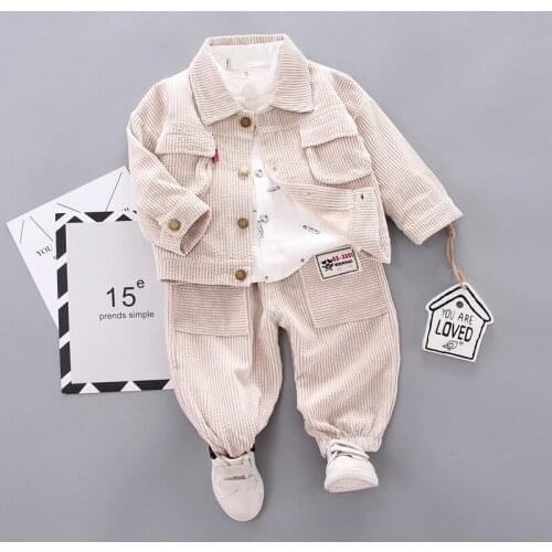 Autumn Toddler Girls Boys Clothes 3PCS Sets Corduroy Long Sleeve Jackets+Printed Shirts+Loose Pants Children Kids Outfits 12M-5T