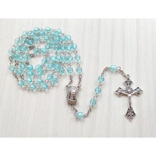 QIGO Transparent Blue Acrylic Women Rosary Necklace Long Cross Pendant Religious Jewelry
