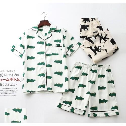 Summer/autumn Twill Short-sleeved Shorts Pajamas for Women Cotton Turn-down Collar Cartoon Printing Home Clothes Two Piece Set