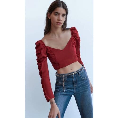 Plus Size Clothing for Women 2020 Autumn New Solid Color Long-sleeved Fold Decoration Short Blouse Sexy V-neck Slim Top