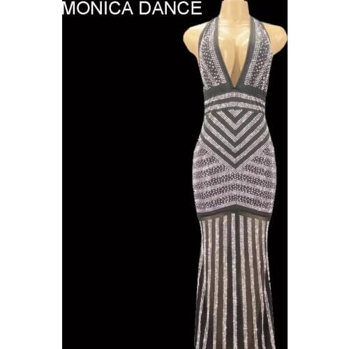 Sexy Black Flashing Silver Stones Dress Evening Long Dress Wedding Birthday Celebrate Mesh Stretch Dance Sleeveless Costume