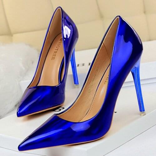 The New Office & Career Fashion Pumps Shoes Glossy Sexy Thin Heels Pointed Toe Slip-On Shallow Nightclub 10.5cm High Heels Party
