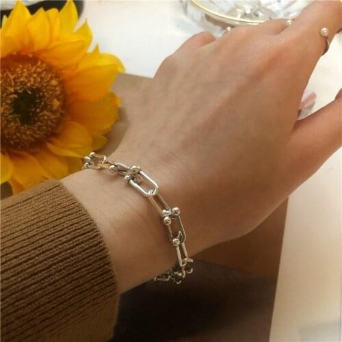 Silver Color Vintage Chain Buckle Bracelet Thick Chain For Women Creative Couple Handmade Hasp Bracelet Birthday Gift Jewelry