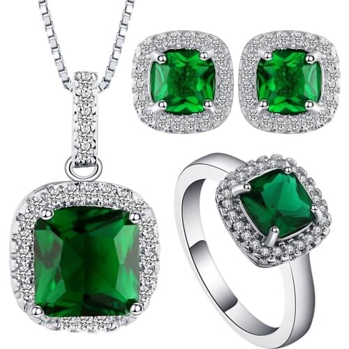 UFOORO Bright Green Cubic Zirconia CZ Jewelry Sets For Women Charm Pendants Earrings Rings Jewelry Sets For Engagement Gift