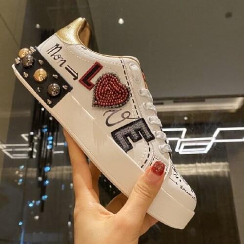 Woman Shoes Leather White String Bead Sneakers Flat Zapatos De Mujer Lace Up Shoes Comfort Round Toe Sports Shoes Women New