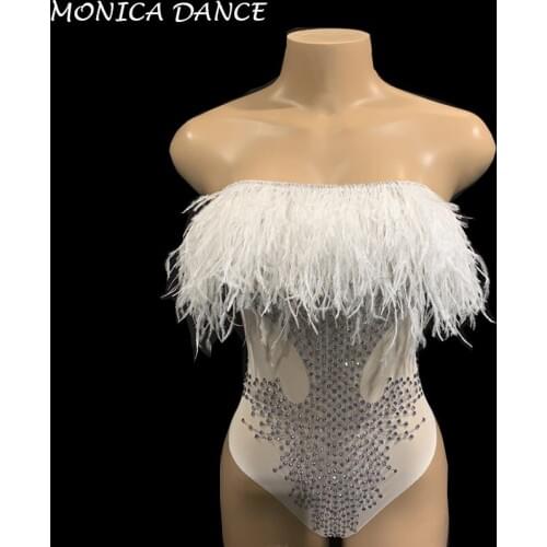 Women Sexy Stage White Feather Bust Rhinestones Bodysuit Female Singer Stage Show Wear Birthday Celebrate Dance Bodysuit