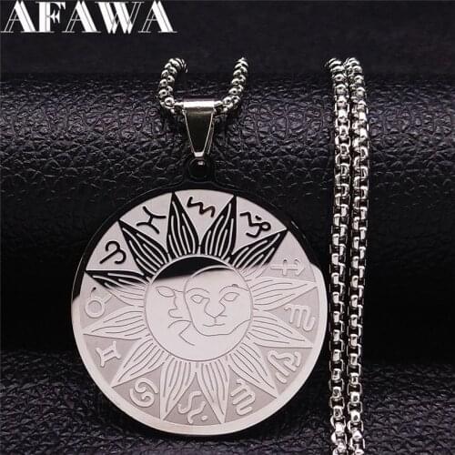 12 Constellations Sun Moon Astrology Stainless Steel Chain Necklace Silver Color Jewelry collier signe astrologique N4512S02