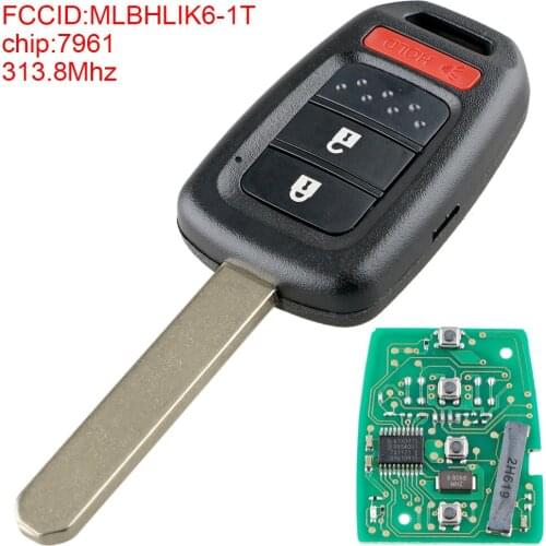 313.8Mhz Car Key Remote Replacement 2+1 Buttons Key Entry Fob Uncut Car Remote Key with PCF7961 Chip MLBHLIK6-1T Fit for Honda