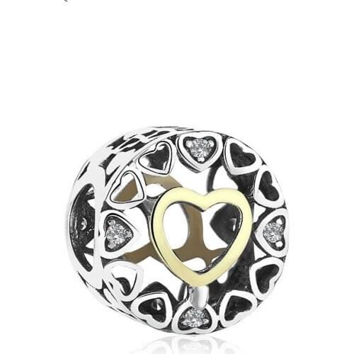 5PCS New Silver Plated Bead Hollow Heart Love Crystal Charm Big Hole Beads Accessories Fit Women Diy Bracelets Bangles Jewelry