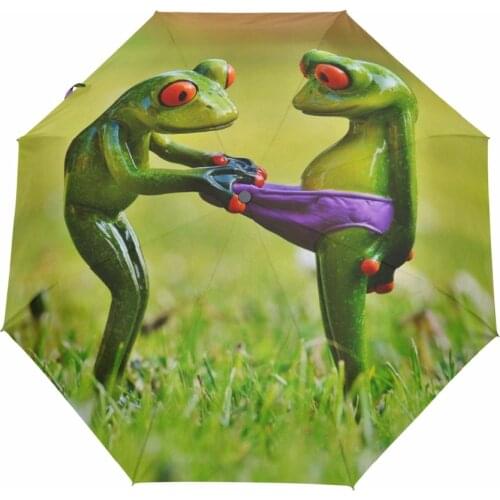Automatic 3-folding Umbrella Rain Women Black Coating Anti-uv Funny Frog Umbrella Rain Tools Sun Parasol