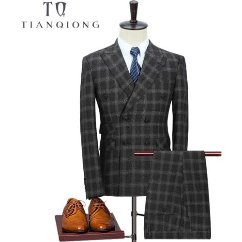 TIAN QIONG Brand Men Double Breasted Wedding Suit Fashion Costume Homme Mariage 2018 Slim Fit Black Plaid Stage 3 Piece Suits